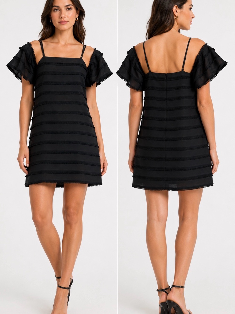 Black Ruffle Sleeve Square-Neck Dress